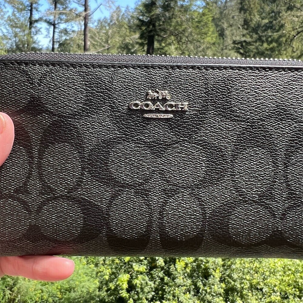 COACH Long Zip-Around Wallet Signature Canvas Graphite w Silver Hardware AUTHNTC - Picture 9 of 11